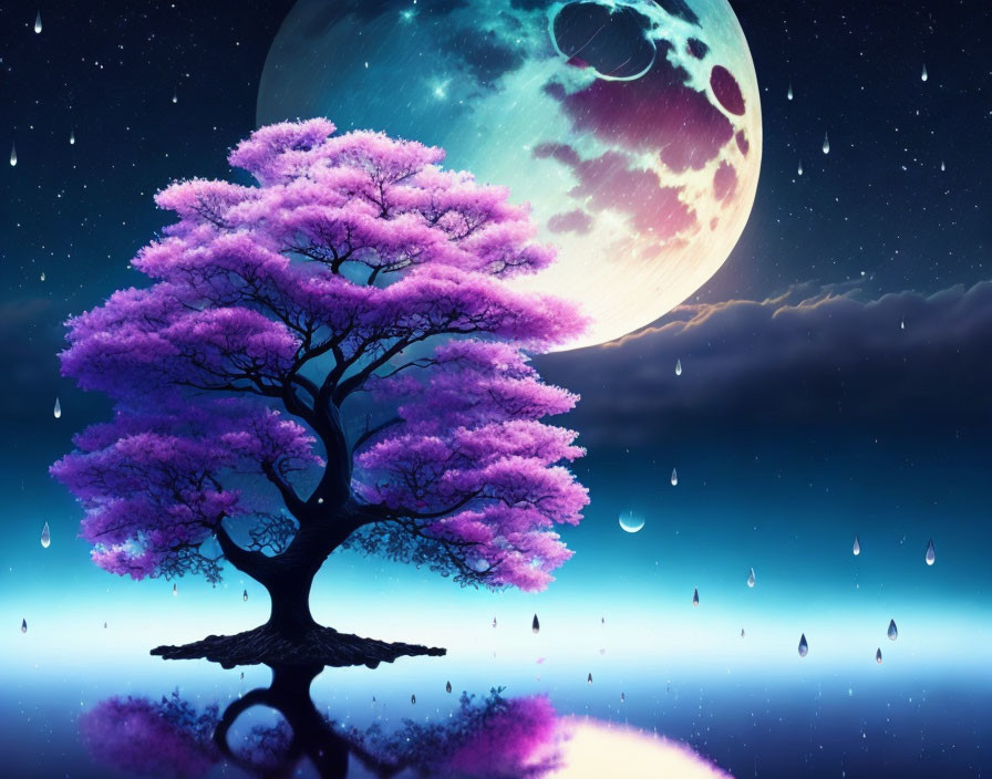 Vibrant digital artwork of pink tree under moonlit sky