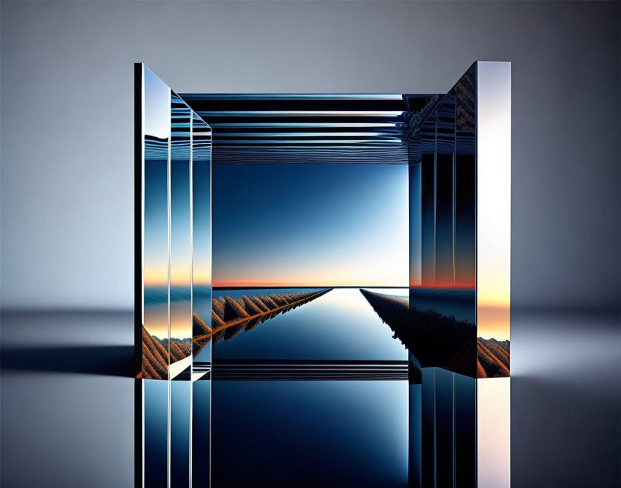 Surreal sunset scene with glass-like infinite corridor over water