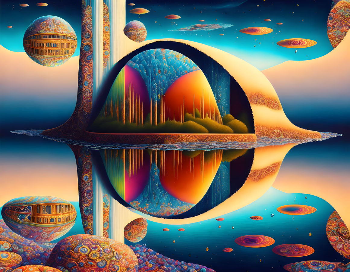 Surreal landscape with floating islands and colorful skies