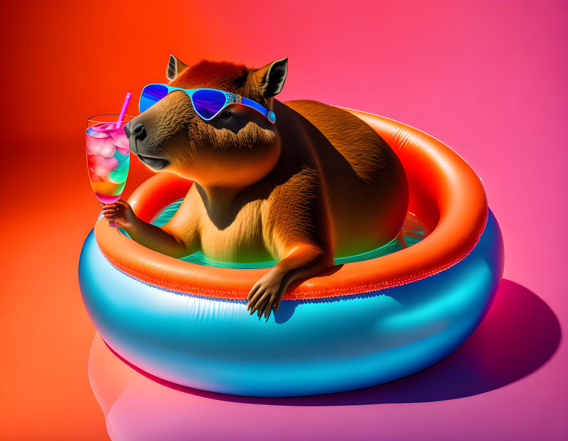 Chill capybara illustration with sunglasses, float ring, and drink on vibrant background