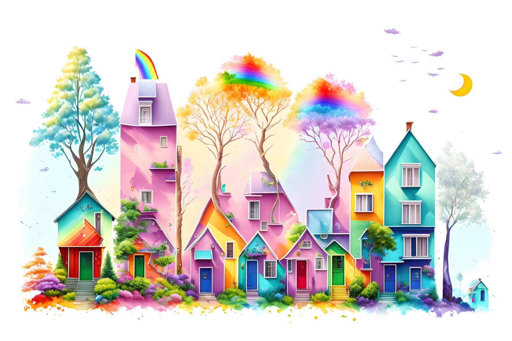 Colorful houses, whimsical trees, rainbow, clouds, and crescent moon in surreal illustration