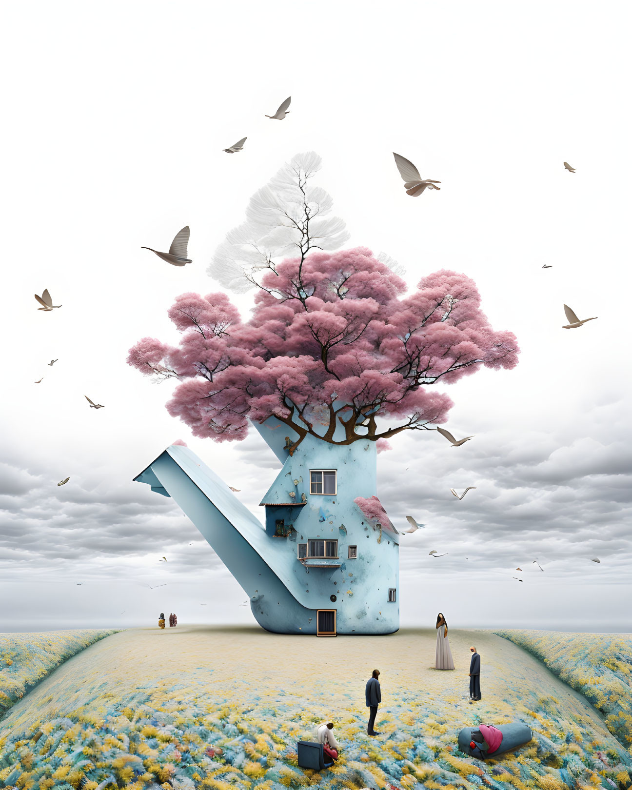 Cherry tree blooming on blue arrow-shaped house with people and birds.