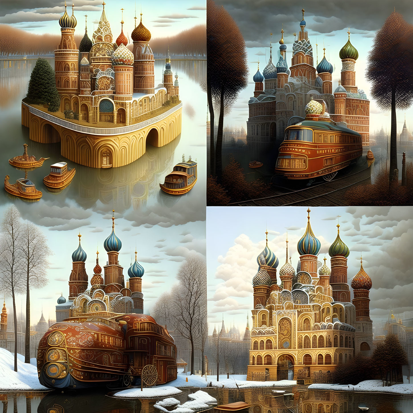 Fantastical Russian architecture themed collage with surreal onion dome buildings.