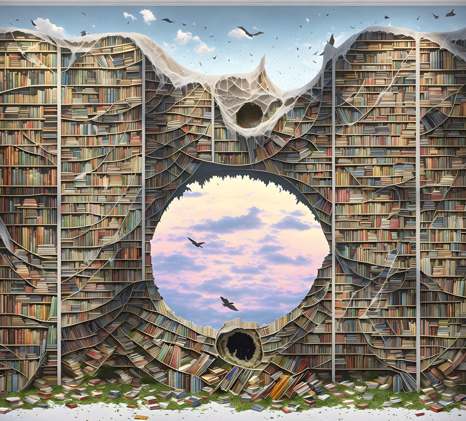 Circular opening in surreal library surrounded by cliff-like bookshelves, sky with clouds, birds, and