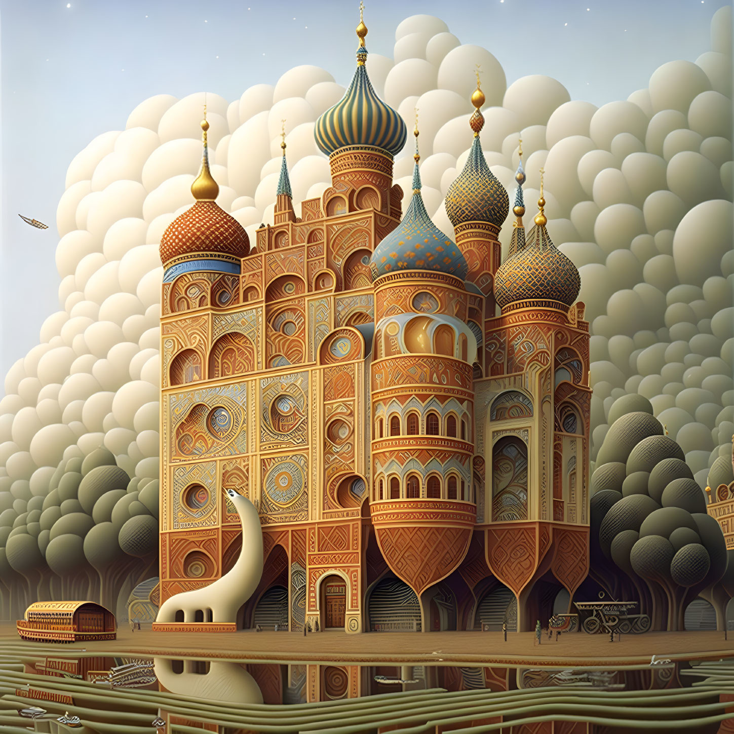 Intricate Castle with Onion Domes and Whimsical Landscape