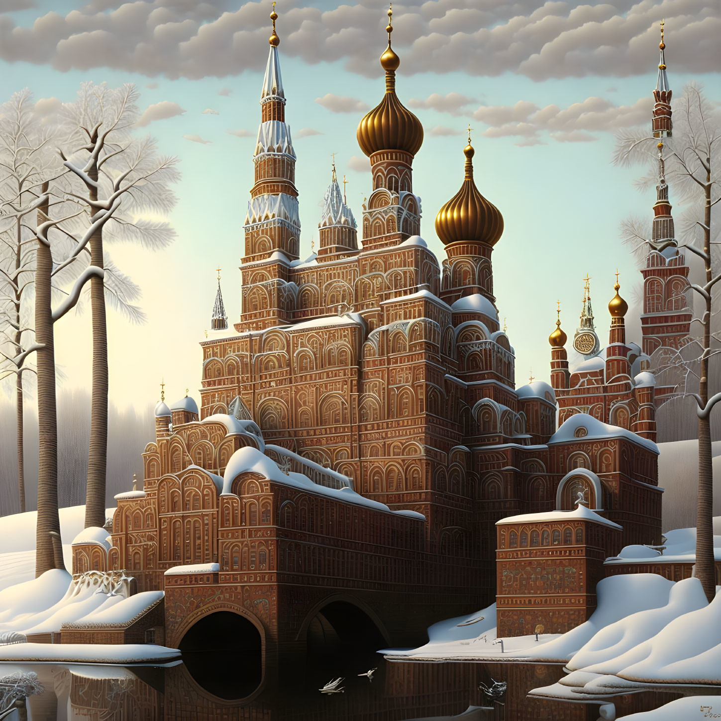 Detailed Illustration: Fantastical Castle with Onion Domes in Snowy Landscape