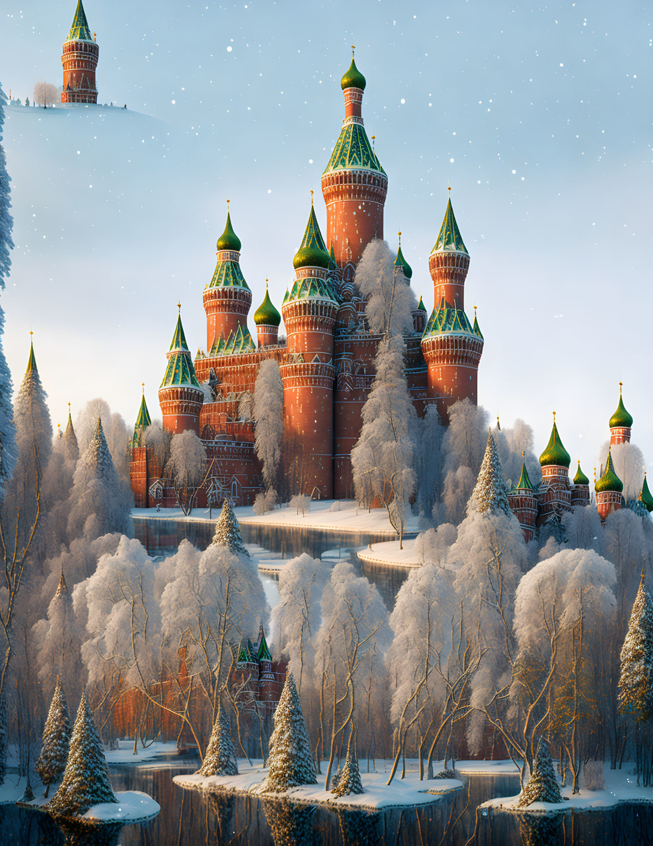 Grand castle in winter landscape with red walls and green rooftops