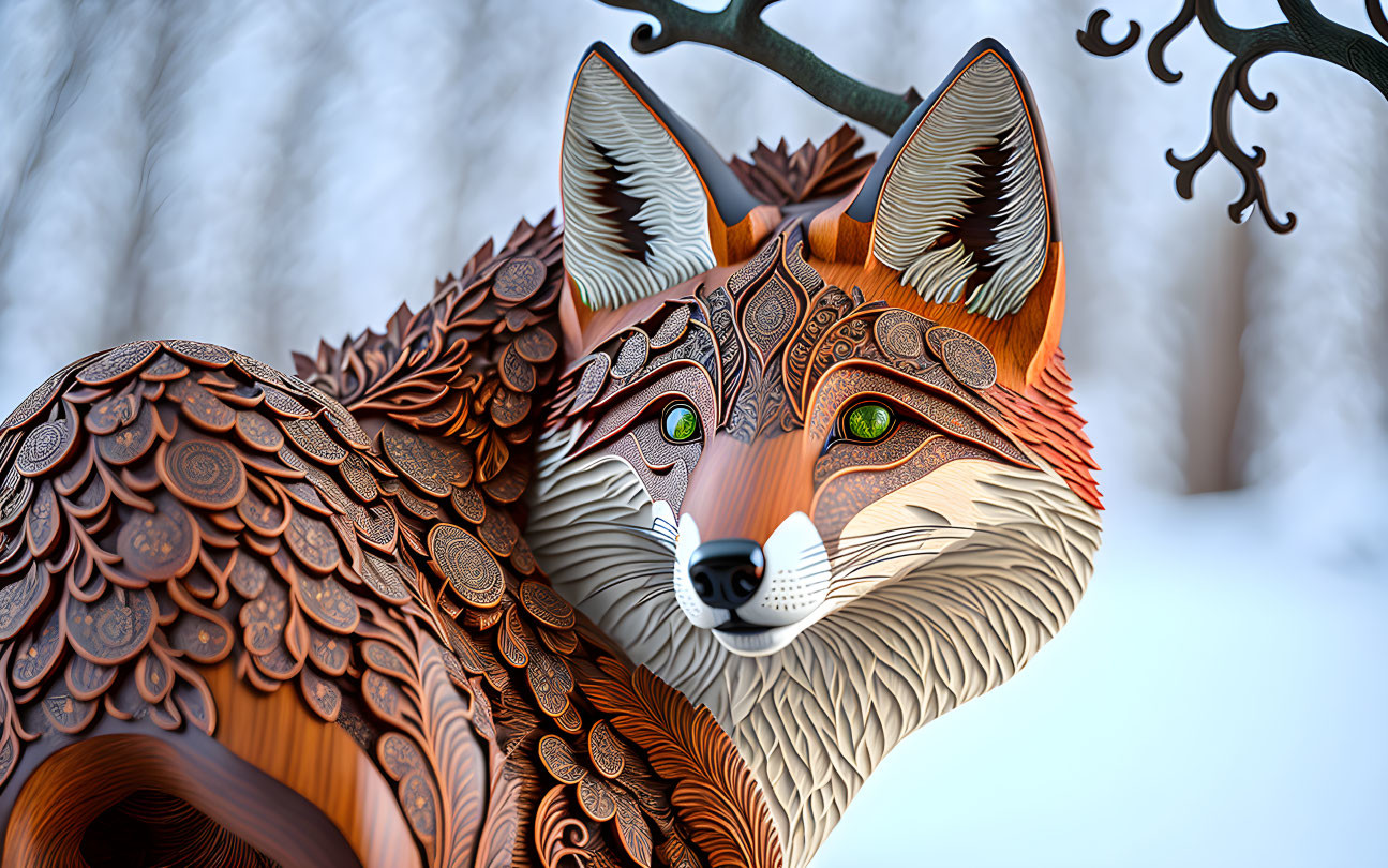 Detailed Stylized Fox Head Sculpture with Intricate Patterns and Textures