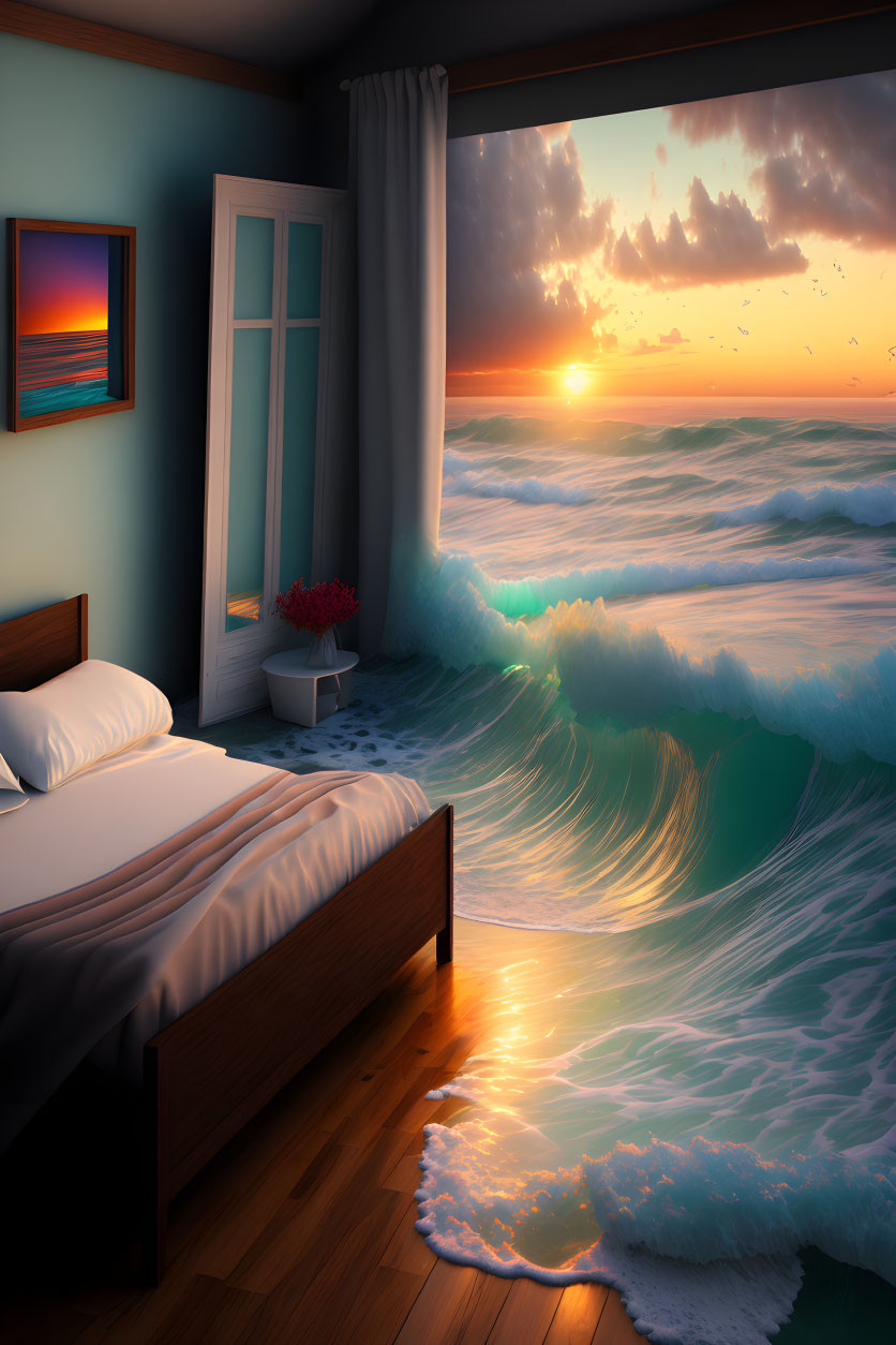 Surreal bedroom with ocean wave, sunset view, birds, and serene ambience