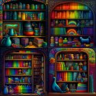 Colorful Bookshelves with Books, Vases, and Decorative Items on Patterned Wallpaper