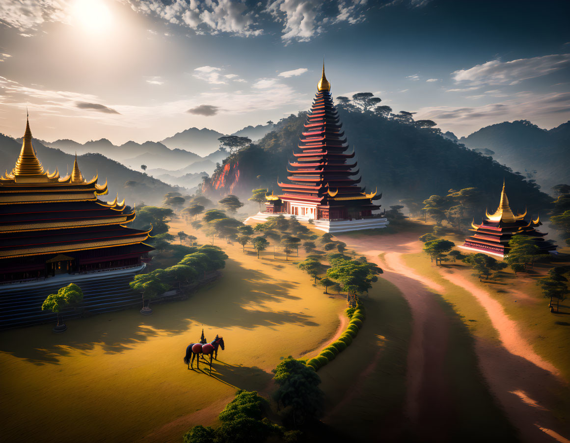 Majestic golden pagodas in serene landscape with horse rider