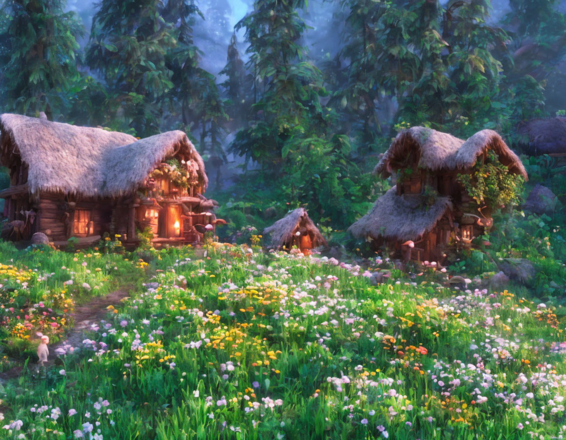 Enchanted Forest Glade with Thatched-Roof Cottages and Wildflowers