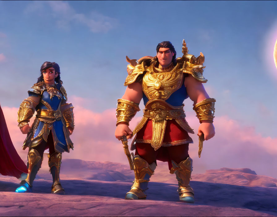 Two animated characters in ornate armor on rocky terrain under a pink sky