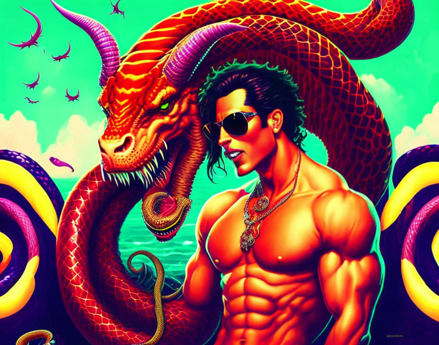 Muscular man with dragon and sunglasses in stylized art.