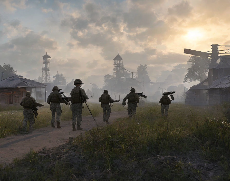 Military soldiers patrolling misty village at dawn with rifles.