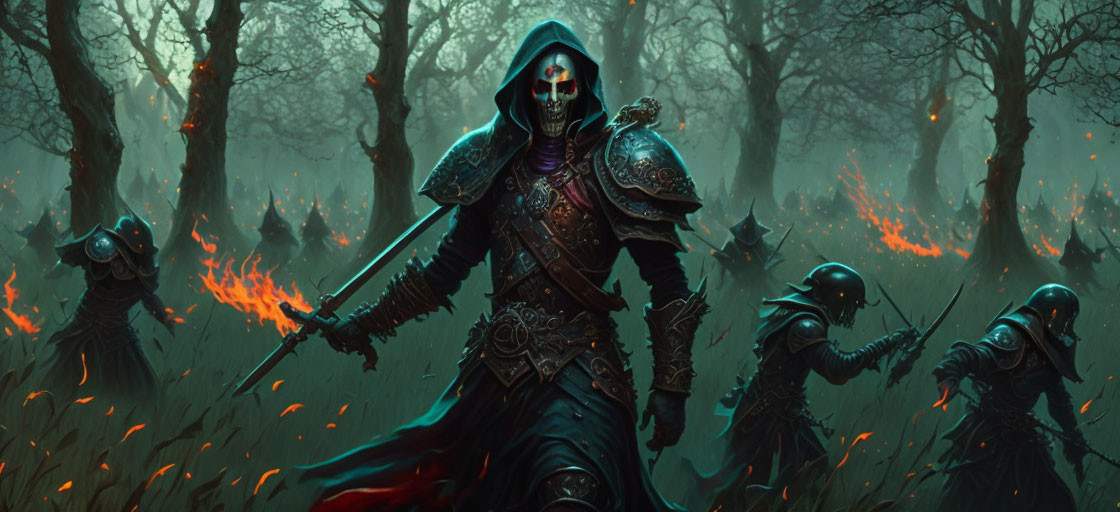 Mysterious cloaked figure with skull mask and warriors in dark forest