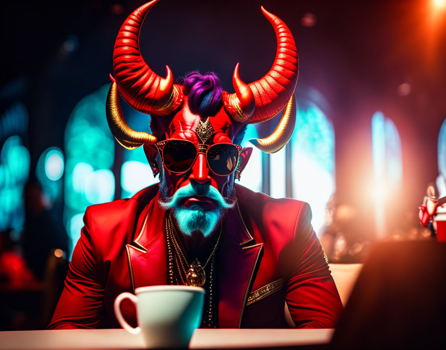 Colorful character with devil horns and purple hair in bar setting with neon lights and teacup.