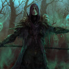 Mysterious cloaked figure with skull mask and warriors in dark forest