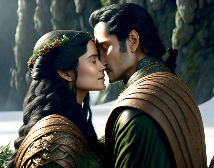 Animated characters in intimate moment with foreheads touching in serene nature setting.