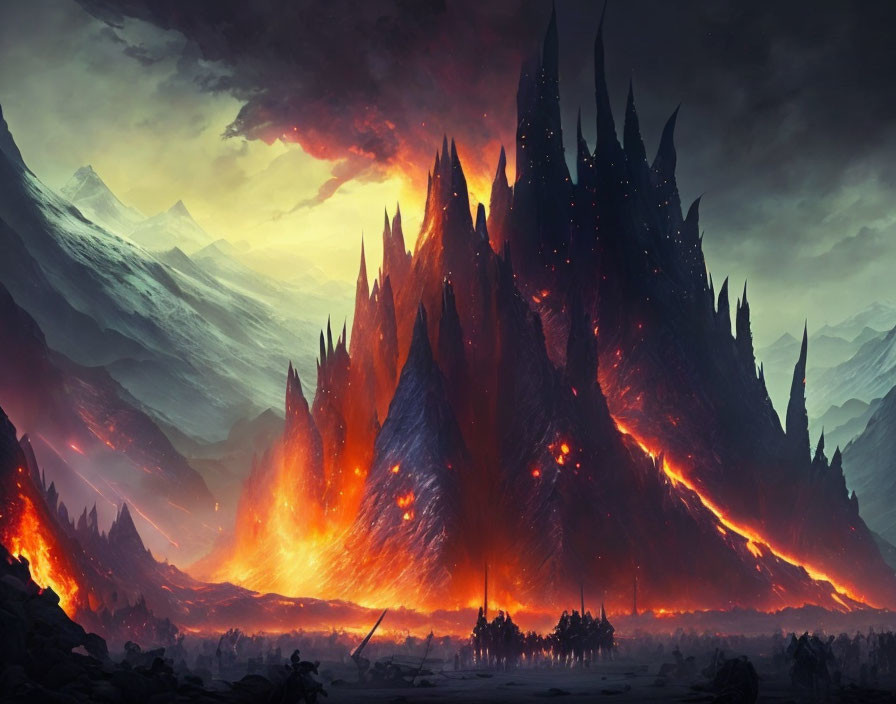 Fiery Mountains and Dark Castle in Gloomy Landscape