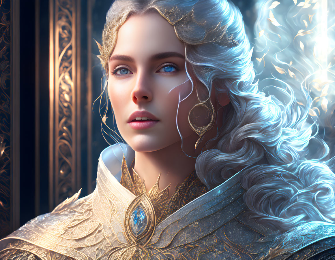 Fantasy portrait of woman with blue eyes, golden armor, and silver hair