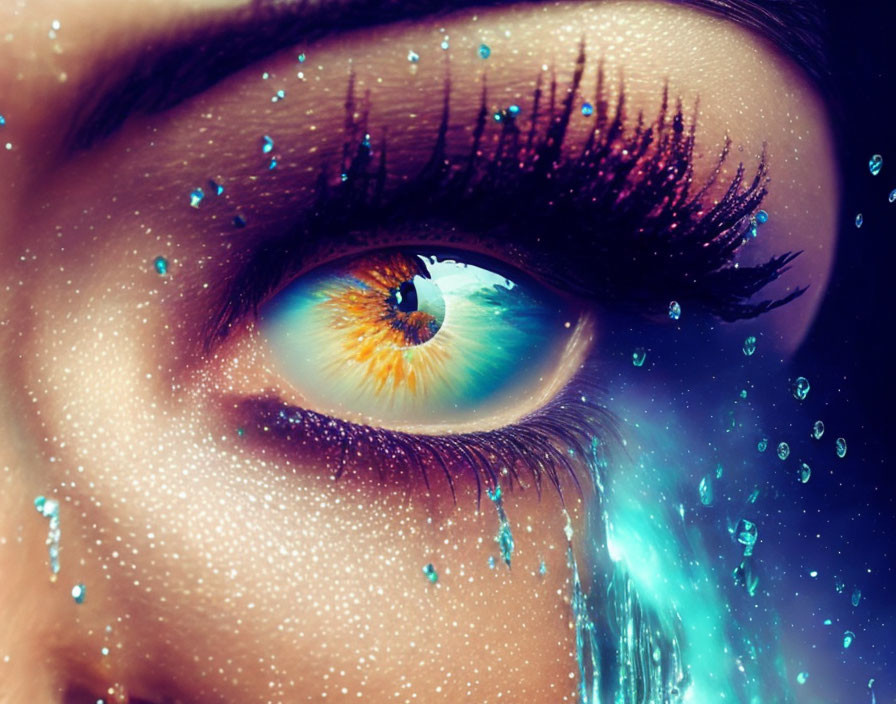 Detailed Close-up of Sparkling Turquoise Eyeshadow and Vibrant Iris