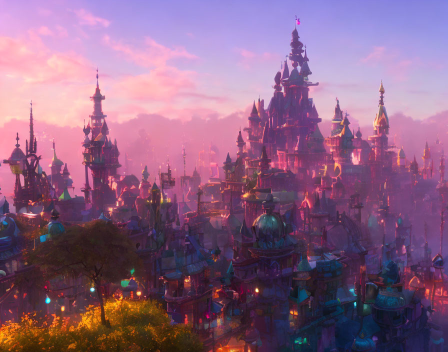 Fantasy cityscape with towering spires at sunset