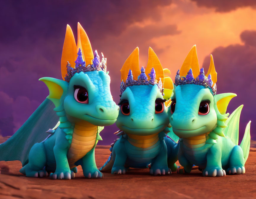 Three Baby Dragons with Blue Scales and Crowns in Purple Sunset Sky