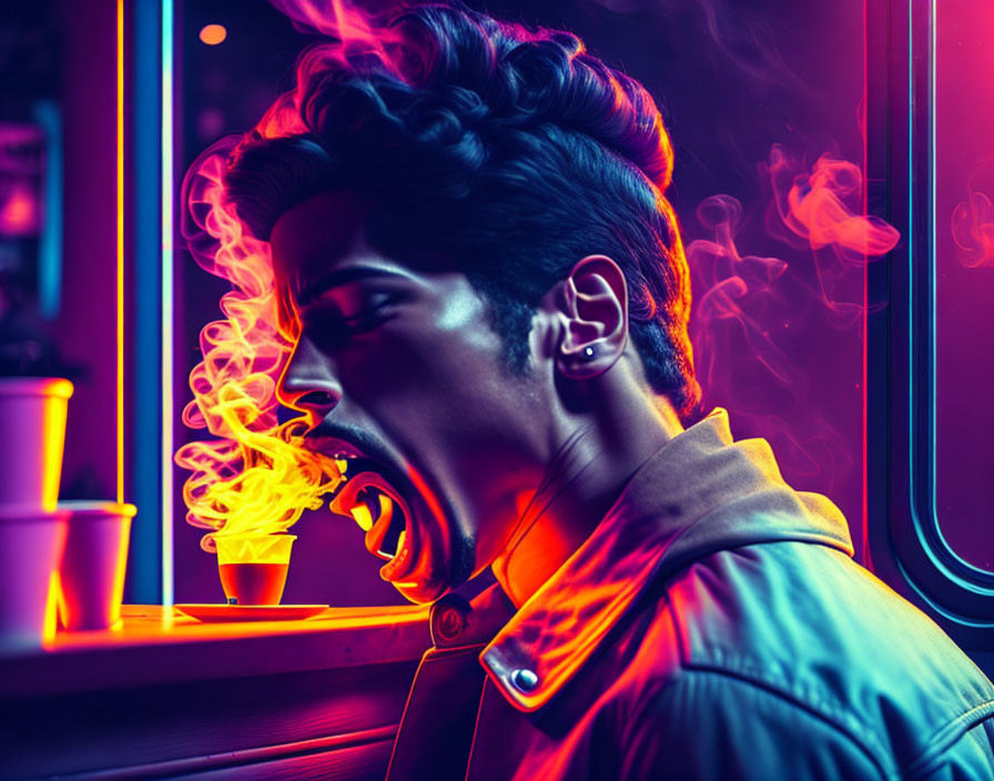 Colorful Smoke Portrait Under Neon Light Urban Night Theme