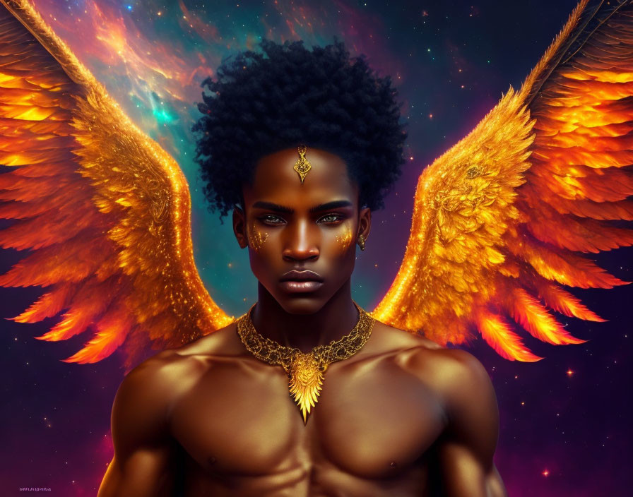 Person with Golden Fiery Wings and Regal Attire in Cosmic Setting