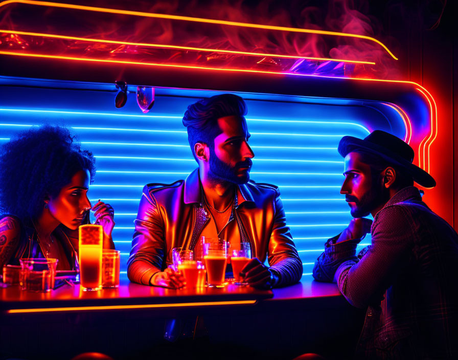 Neon-lit bar scene with three people conversing