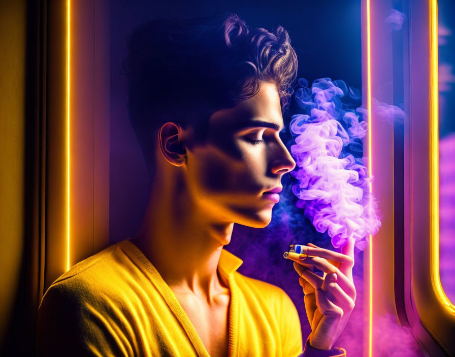 Curly-haired person exhales smoke by neon light