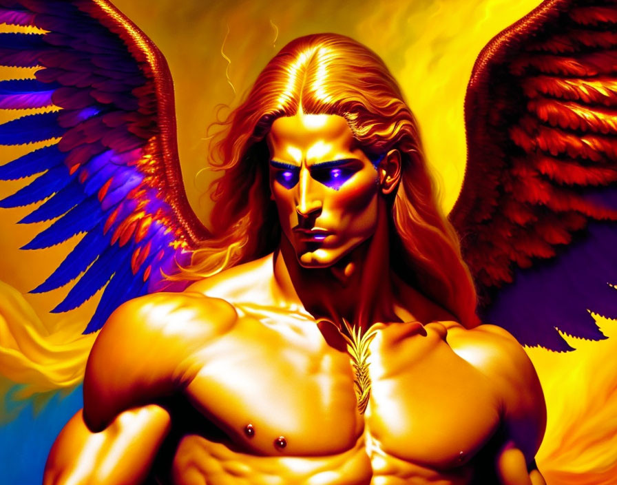 Muscular golden figure with blue details and colorful wings in fiery scene