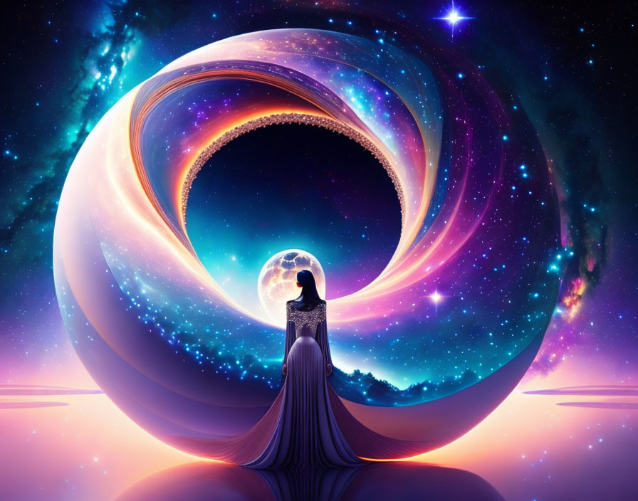 Silhouette of woman in flowing dress against cosmic backdrop with surreal looped structure, planet, and neb