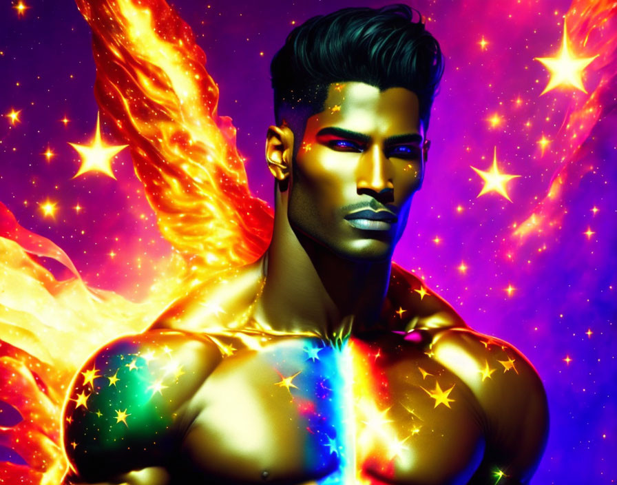 Muscular male figure with fiery wings and starry aura in cosmic setting