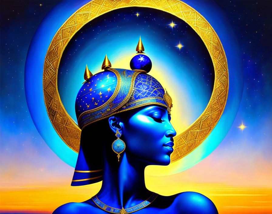 Colorful illustration: Woman in Egyptian headdress on cosmic background