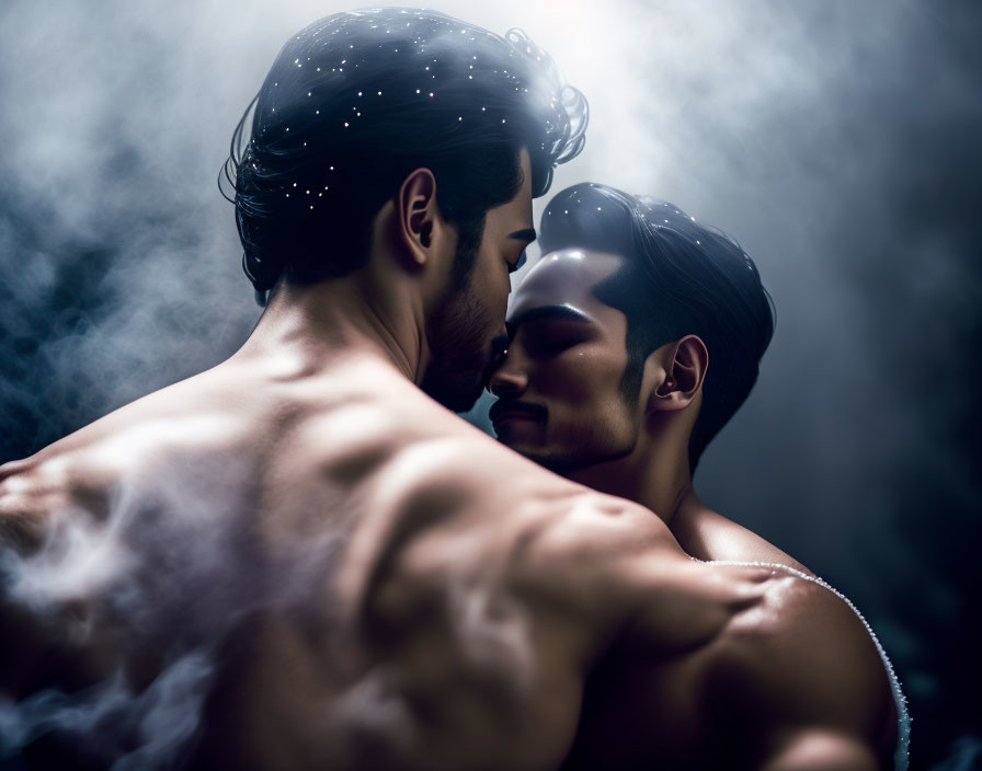 Muscular men in intimate pose surrounded by fog in dim light