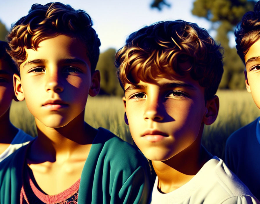 Boys in warm sunlight with focused expressions, two with curly hair.