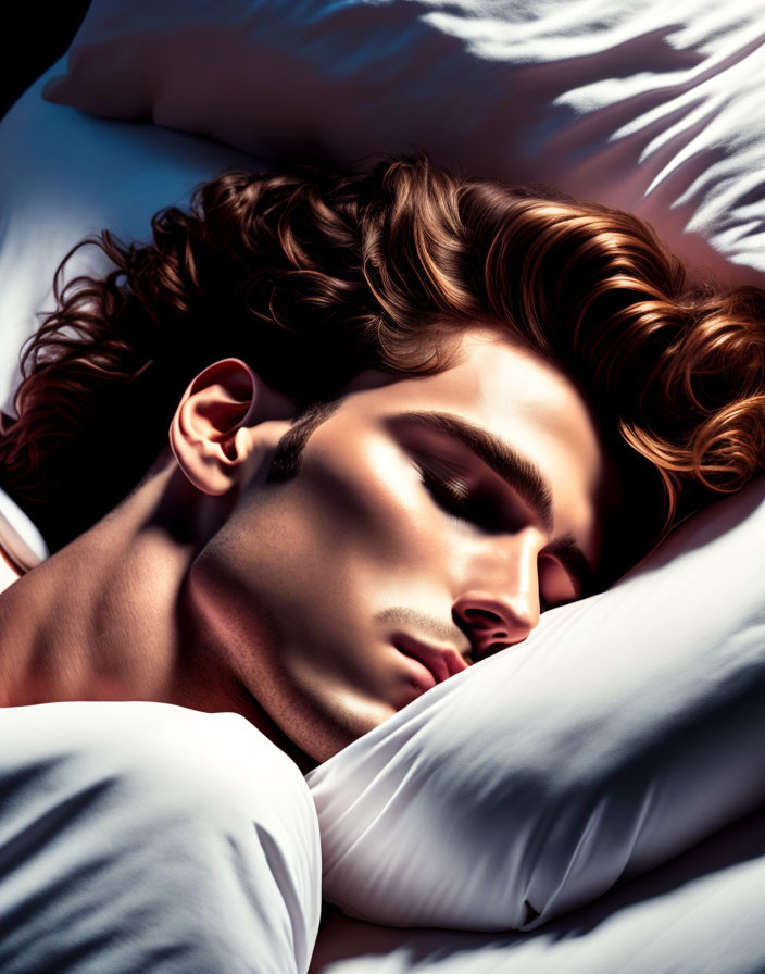 Curly-haired person sleeping peacefully with shadows on white pillow