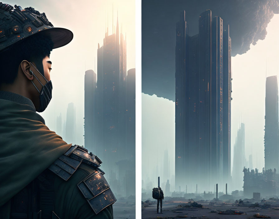 Split Image: Futuristic armored person and lone figure in gloomy cityscape