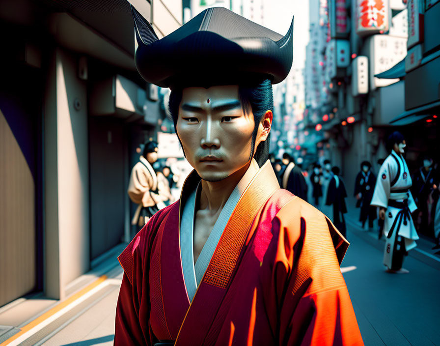 Traditional Japanese Clothing with Unique Hat in Modern Street Scene