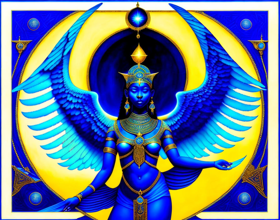 Illustration of Blue-Skinned Deity with Golden Jewelry and White Wings