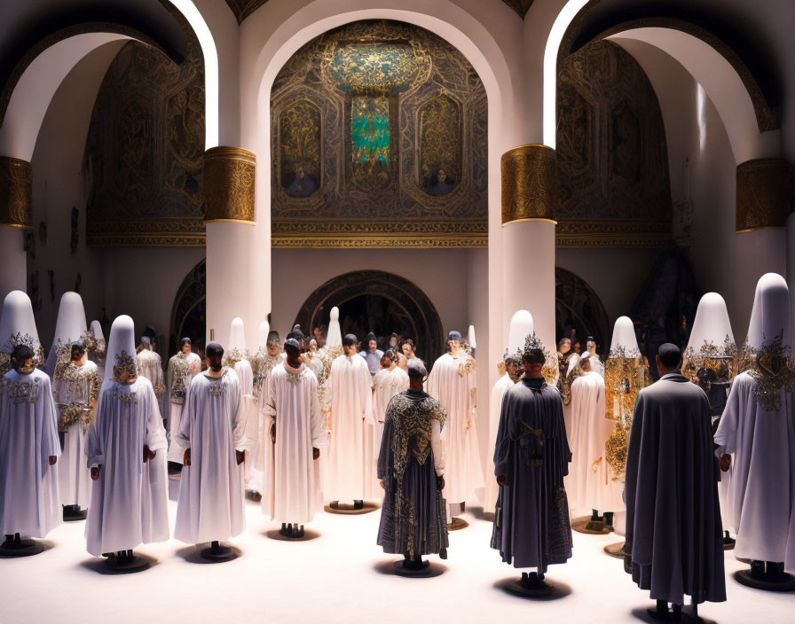 Opulent Room with People in Ceremonial Robes and Ornate Headdresses