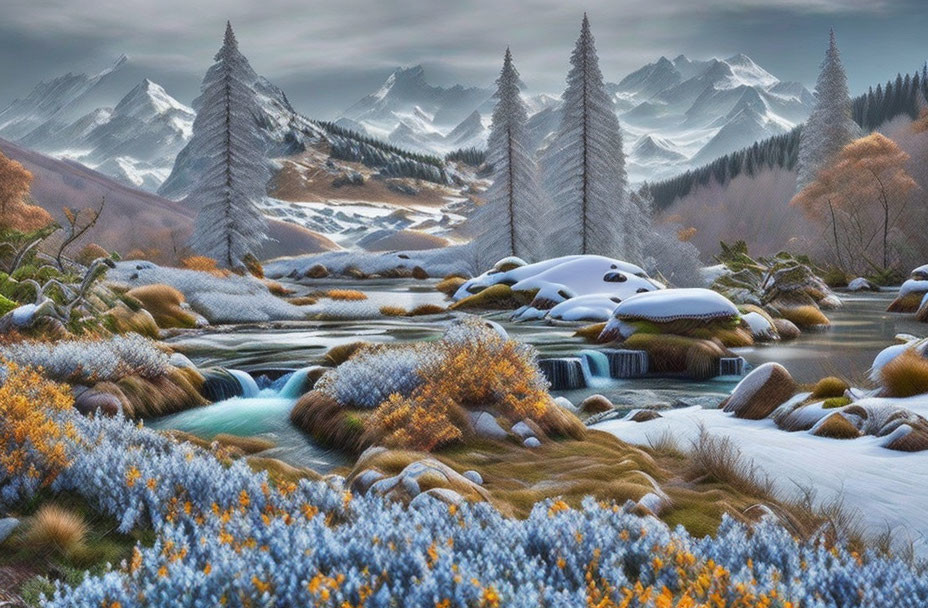 Scenic Mountain Landscape with Stream and Snow-covered Rocks
