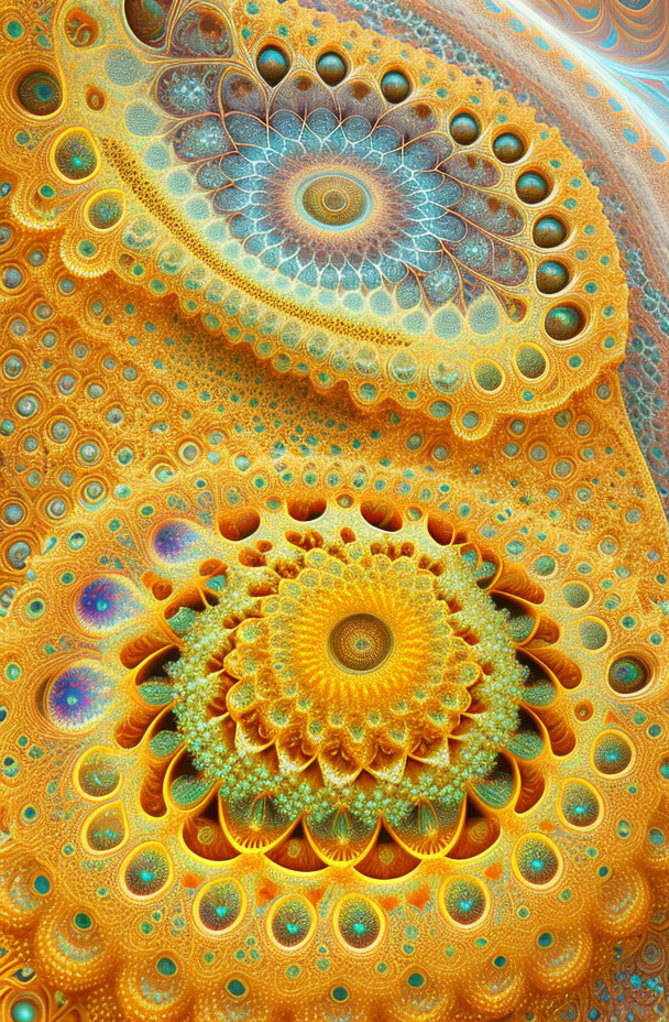 Vibrant Fractal Image: Spiral Patterns in Orange, Yellow, Blue