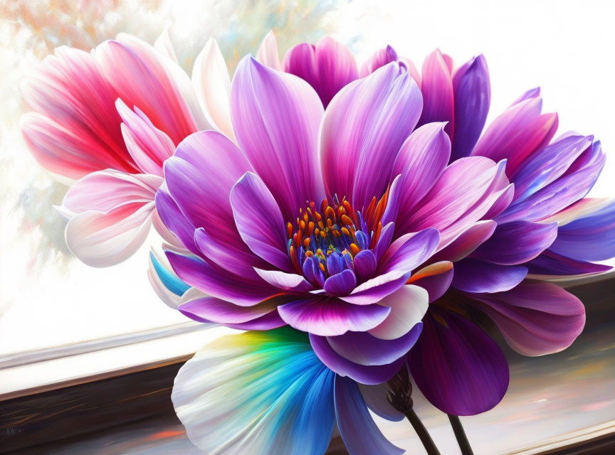 Colorful digital artwork: Large multicolored flower with purple, pink, and white petals on floral