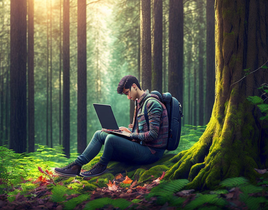 Person with backpack using laptop in sunlit forest