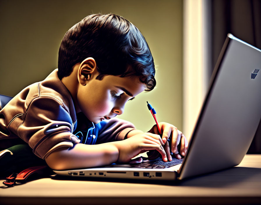 Child writing notes with pencil next to laptop screen in dimly lit room