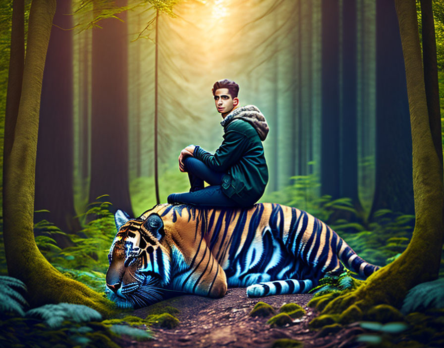 Person seated on tiger in mystical forest with sunbeams.