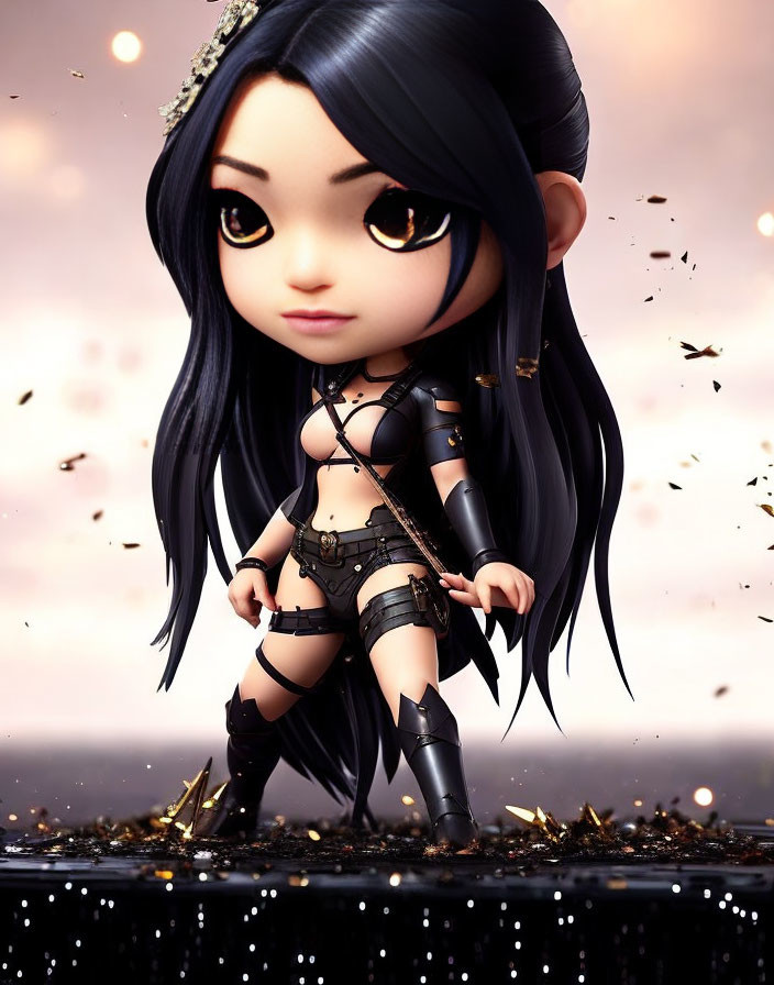 Animated character with large eyes and long black hair in confident pose surrounded by golden particles